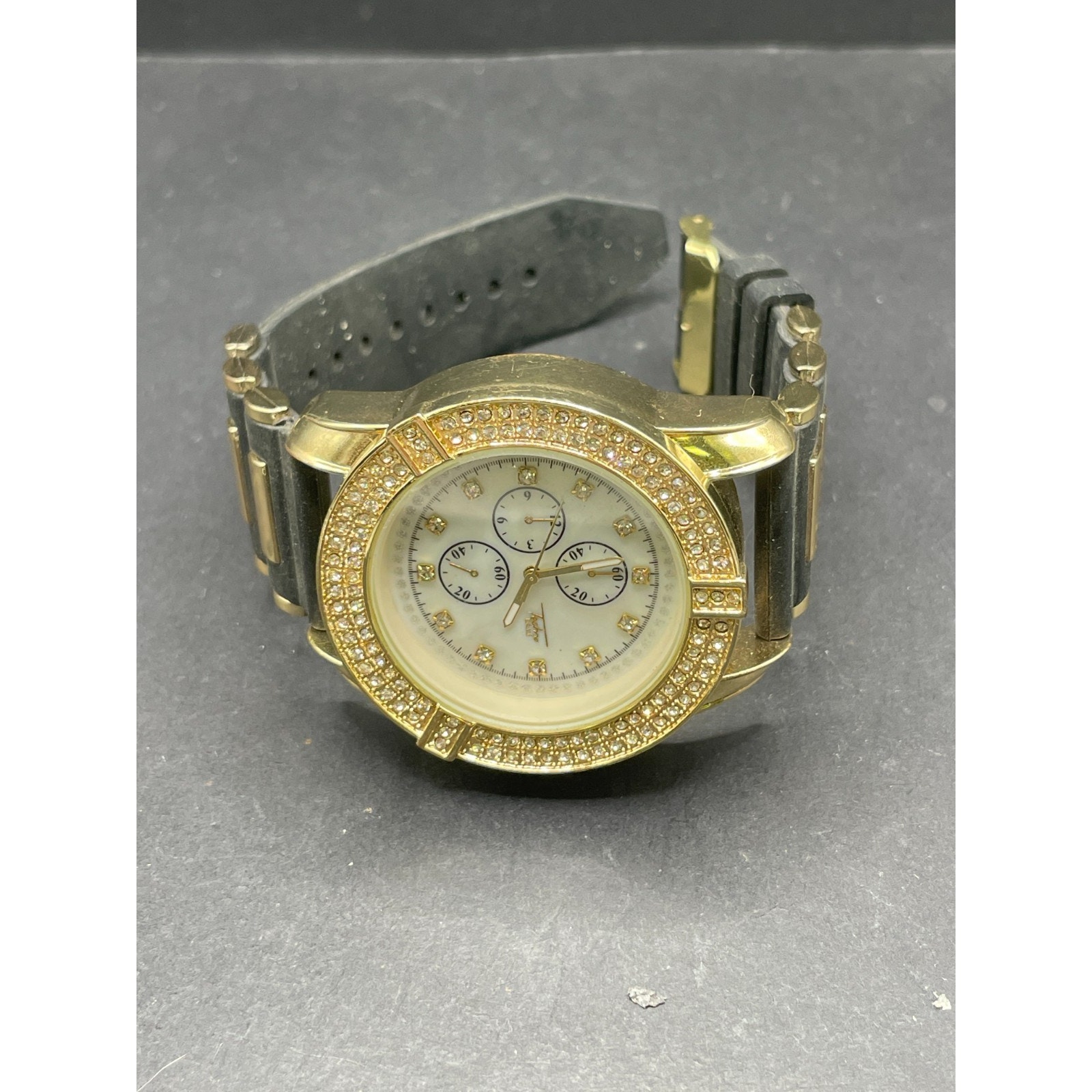 Techno Pav GoldTone Chronograph Luxury Wristwatch Diamond Accent Black Band